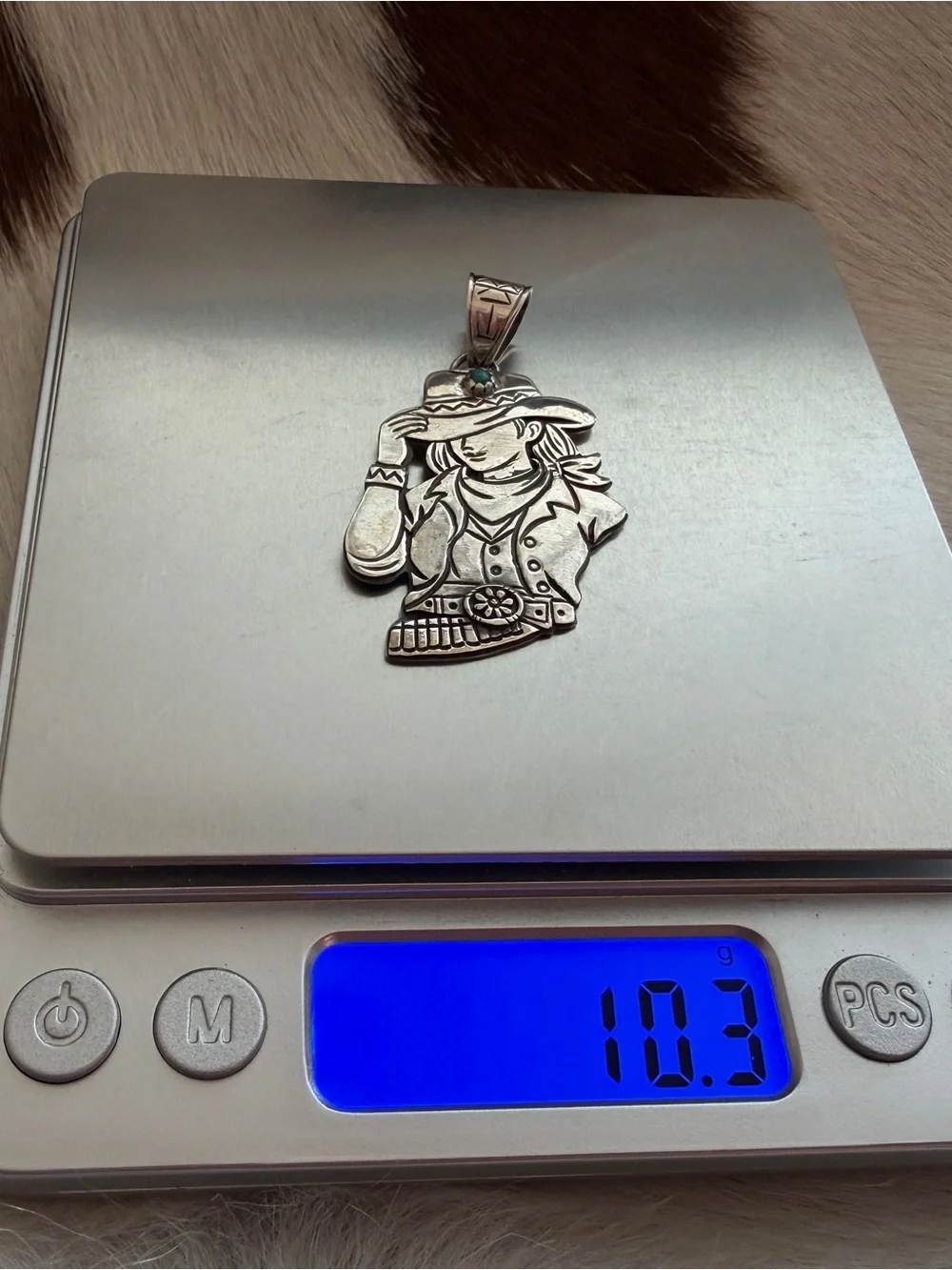 ❤️ Hand Stamped Sterling 925 Cowgirl Pendant w Turquoise Accent Decorative Bail